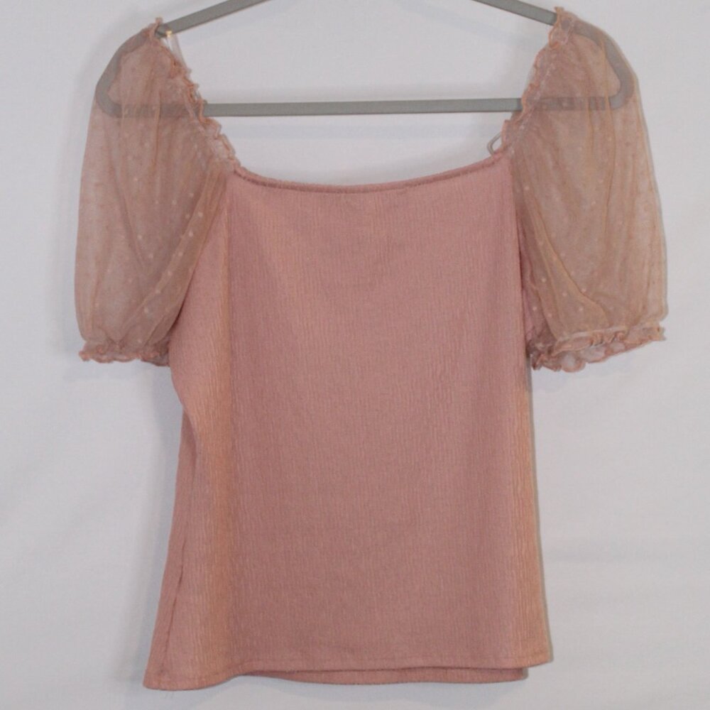 Evolutionary light pink square neck short sheer puffed sleeve cropped blouse L - Picture 4 of 7